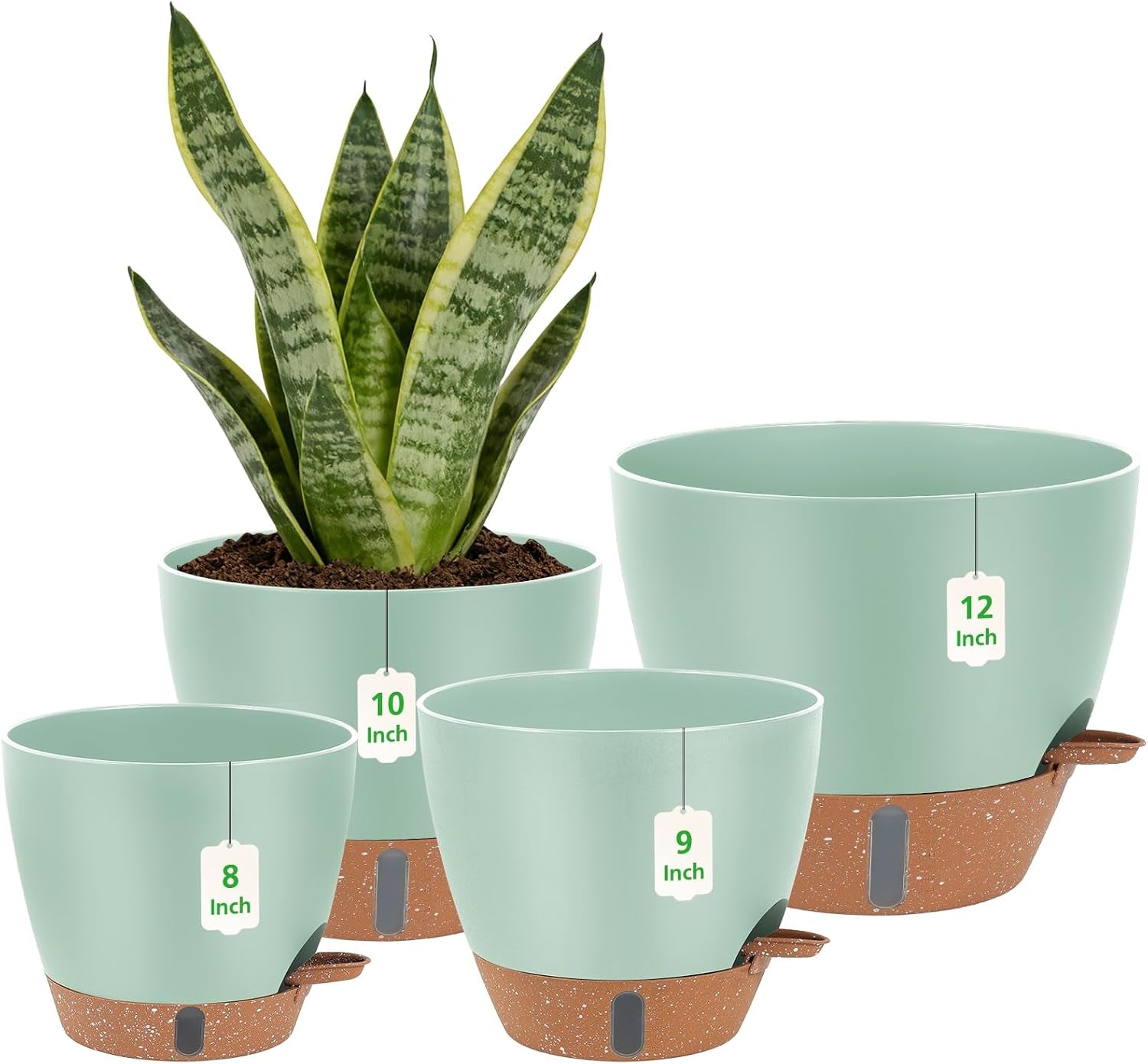 Self Watering Pots with Water Level Indicator, 12" 10" 9" 8" Large Plastic Flower Pots with Mesh Drainage Hole and Removable Saucer Reservoir for Indoor Outdoor Plants (Green)