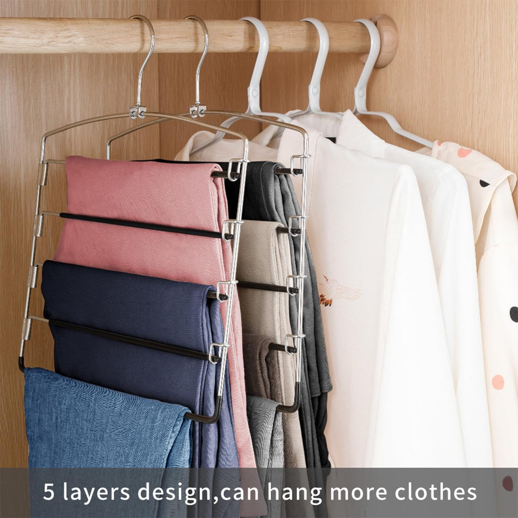 Pants Hangers Non Slip 3 Pack Space Saving Hangers Multi-Layer Swing Arm Pants Hanger Stainless Steel Space Saver Hanger Closet Storage Organizer for Jeans Trouser Slacks Clothes (Black)