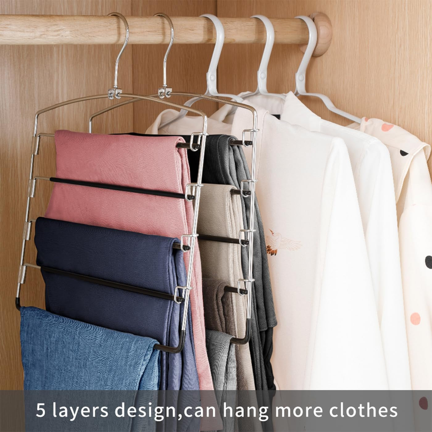 Pants Hangers Non Slip 3 Pack Space Saving Hangers Multi-Layer Swing Arm Pants Hanger Stainless Steel Space Saver Hanger Closet Storage Organizer for Jeans Trouser Slacks Clothes (Black)