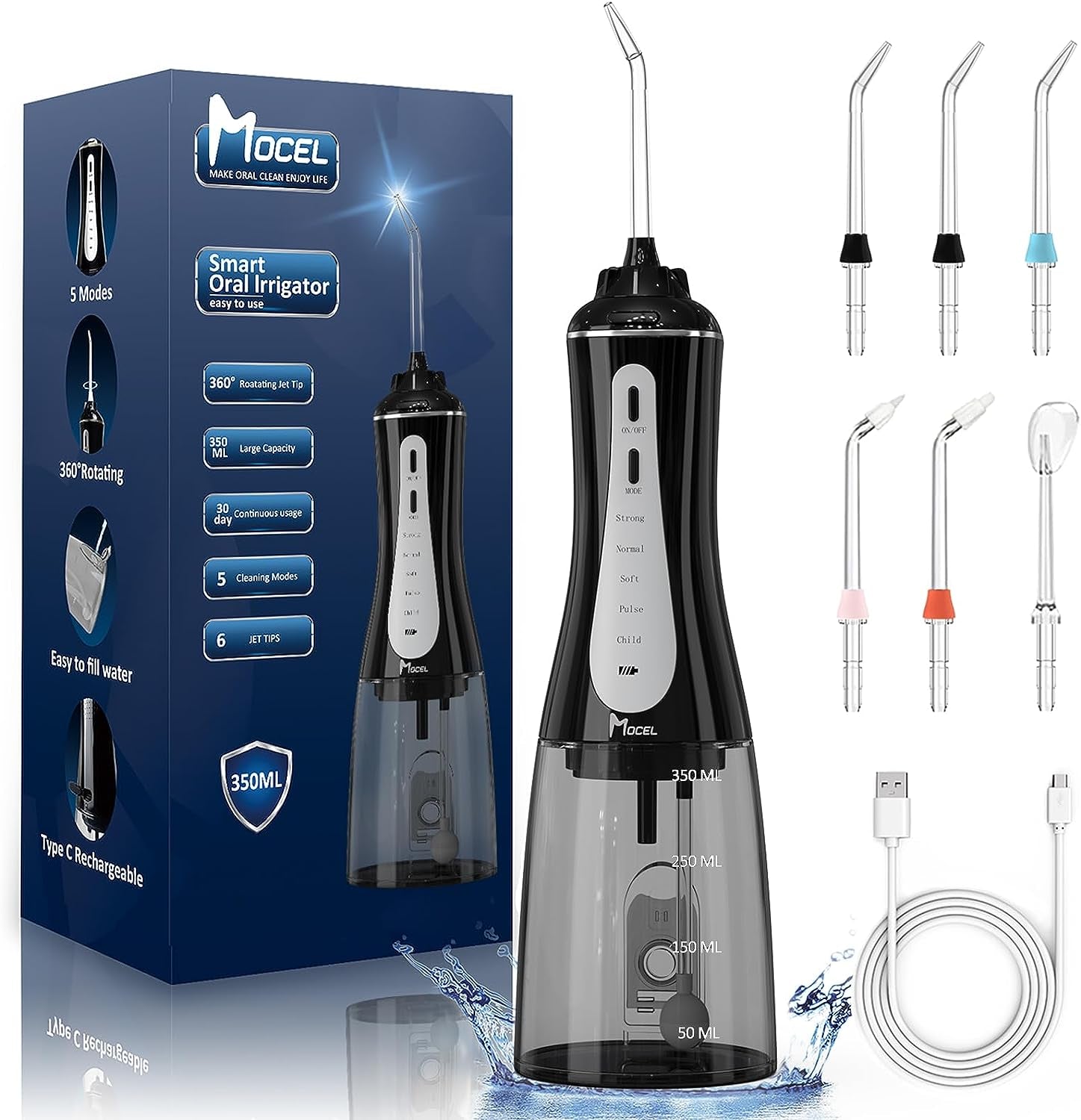 Water Dental Flosser Oral Irrigator with 5 Modes, 350Ml Cordless Water Teeth Cleaner Pick 6 Tips, IPX7 Waterproof Rechargeable Portable Powerful Battery for Travel & Home Braces & Bridges Care