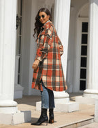 Women Oversized Plaid Shacket Long Fall Flannel Shirt Jacket | Button down Flannel Coat with 2 Pockets, Drop Shoulder, Long Sleeve, Curved Hem, Casual Woolen Shacket 2026
