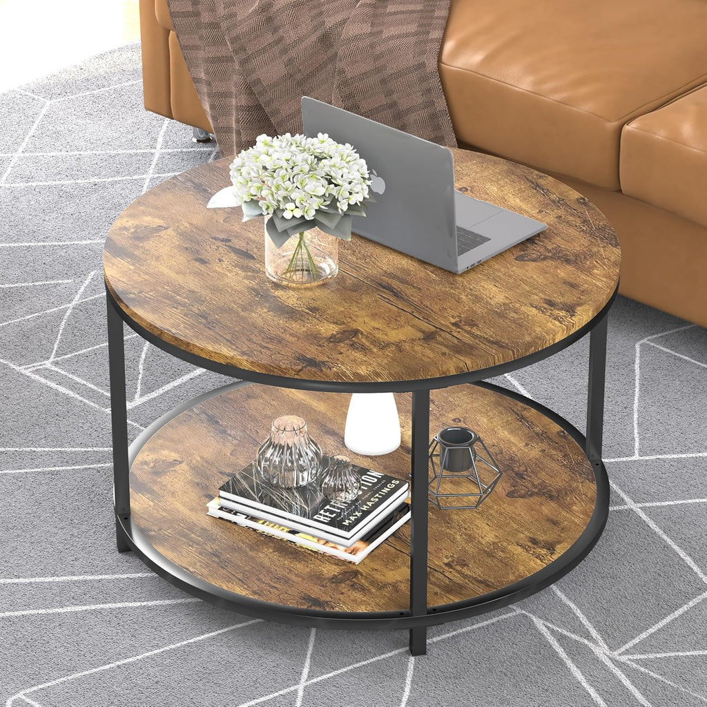round Coffee Table, 25.6" Small Coffee Table for Living Room,2-Tier Rustic Wood Desktop with Storage Shelf Modern Design Home Furniture(Brown)