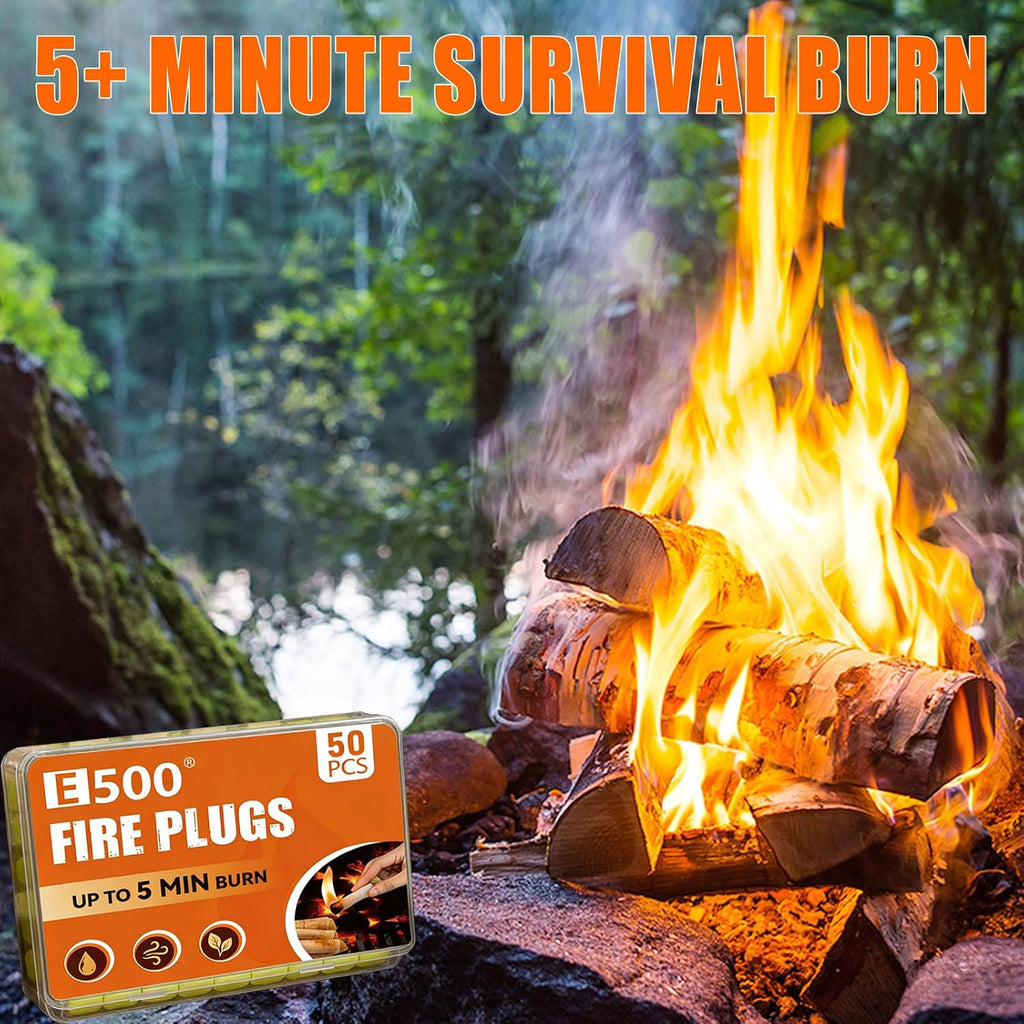 50 Pack Fire Plugs, Emergency Waterproof Fire Starter Plug | Odorless Cotton Quick Ignite Firestarter, Long Lasting Burn Fireplug for Camping, Fireplaces, Grills & Emergency Survival