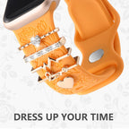 Flower Engraved Band Compatible with Apple Watch Bands for Women 40Mm 38Mm 41Mm 42Mm, Soft Silicone Strap with Dressy Decorative Apple Watch Charms for Iwatch Series 11 10 9 8 7 6 5 4 3 2 1 SE