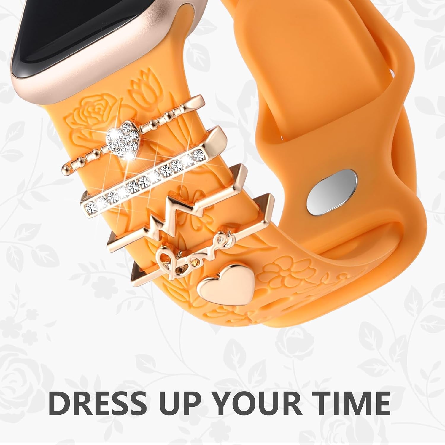 Flower Engraved Band Compatible with Apple Watch Bands for Women 40Mm 38Mm 41Mm 42Mm, Soft Silicone Strap with Dressy Decorative Apple Watch Charms for Iwatch Series 11 10 9 8 7 6 5 4 3 2 1 SE