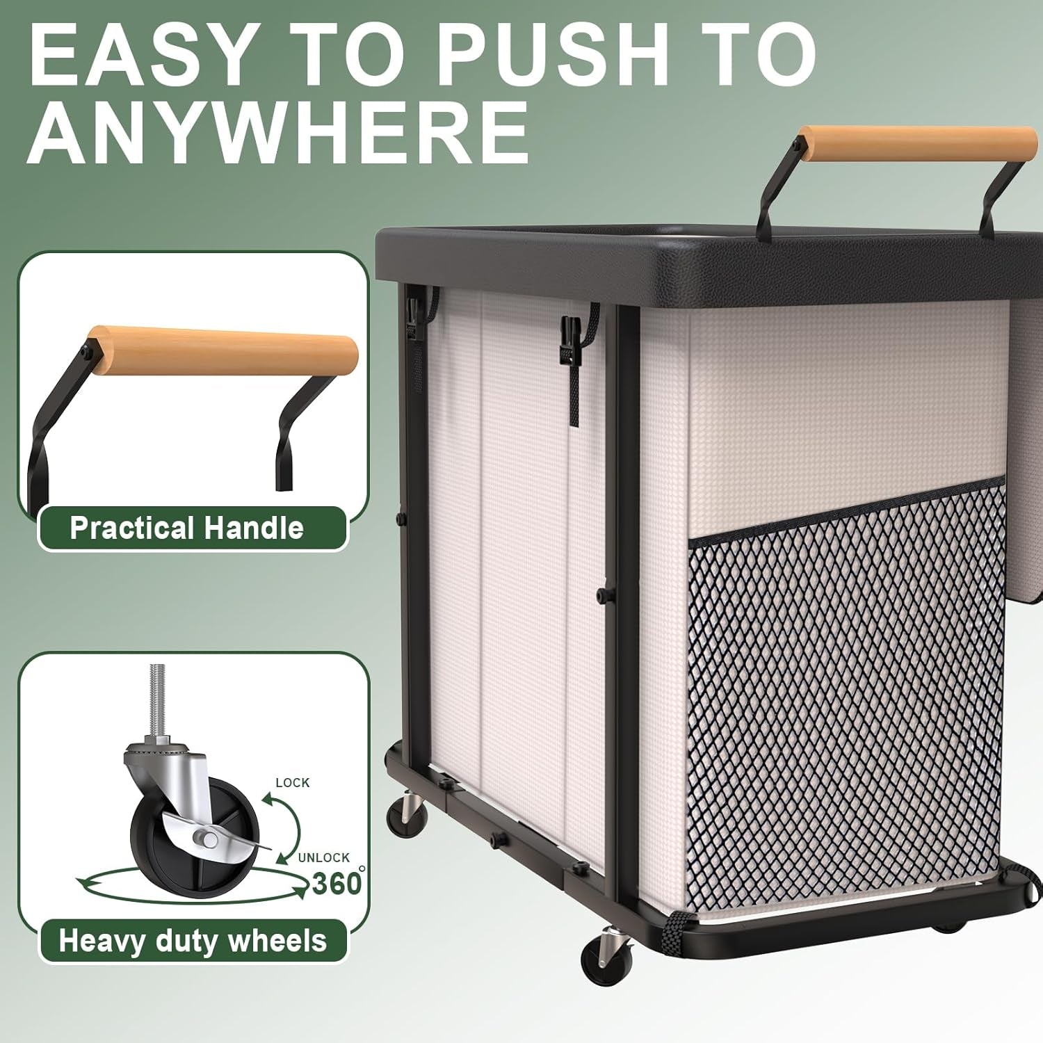 Laundry Hamper 3 Section,230L (60Gal) Rolling Dirty Clothes Hamper White | Laundry Basket with Wheels & Lid,Laundry Organizer Storage Cart with Metal Frame and Wooden Handle for Laundry Room, Hotel