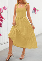 Womens Summer Boho Sleeveless Beach Vacation Maxi Sundress | Square Neck, Casual Cotton Long Tie Dresses, Spaghetti Strap, Smocked, a Line, Tiered Flowy Dress, High Waist, Side Pockets