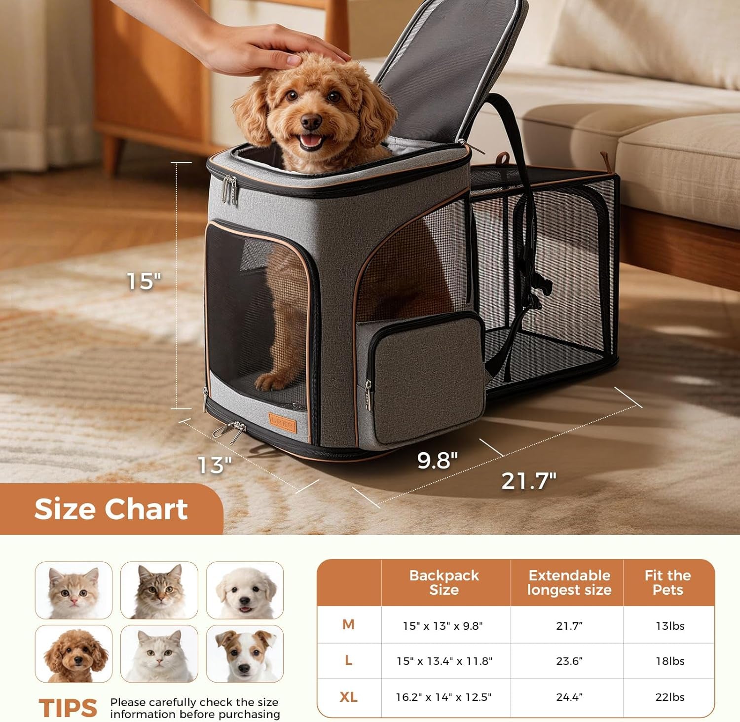 Pet Carrier Backpack Expandable Cat Backpack Carrier for Small Dogs Large Cats Puppies, Dog Backpack Carrier for Hiking Travel Outdoor Hold Pets up to 20 25 Lbs, Grey