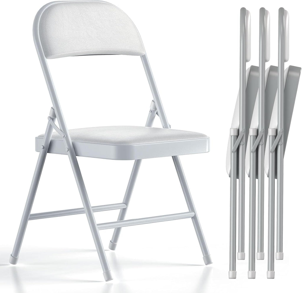 Folding Chairs with Padded Vinyl Cushion Chairs with Comfortable Cushion and Durable Steel Frame for Home and Office, for Indoor and Outdoor Events (White, Vinyl, 4 Pack)
