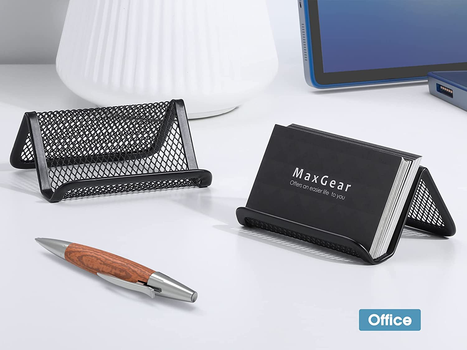 Mesh Business Card Holder 2 Pack | Black Metal Business Card Display Stand, Holds 50 Cards, Sturdy Display for Office, Reception Desk, Front Counter