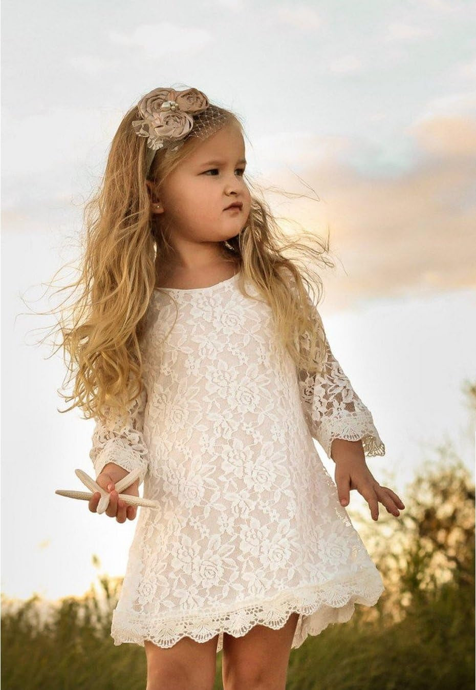 Flower Girl Dress, Lace Dress 3/4 Sleeve Dress