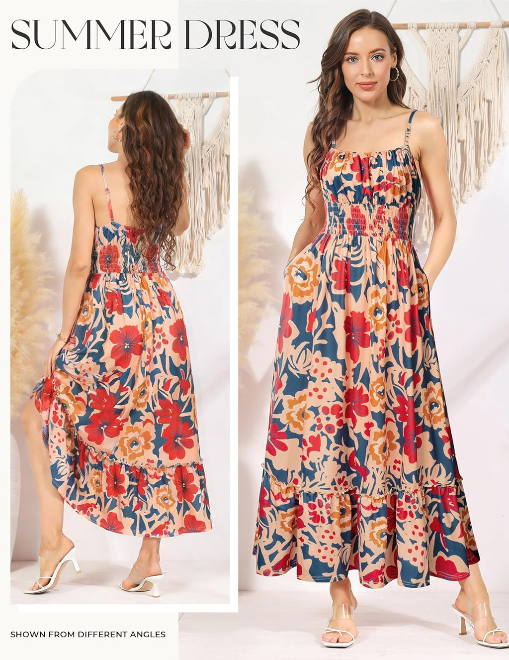 Summer Dresses for Women 2026 Vacation Boho Maxi Sundress | Casual, Smocked Waist, Floral Printed, Spaghetti Strap, Sleeveless, Beach Dresses with Pockets, Fashion Outfits