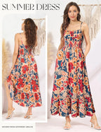 Summer Dresses for Women 2026 Vacation Boho Maxi Sundress | Casual, Smocked Waist, Floral Printed, Spaghetti Strap, Sleeveless, Beach Dresses with Pockets, Fashion Outfits