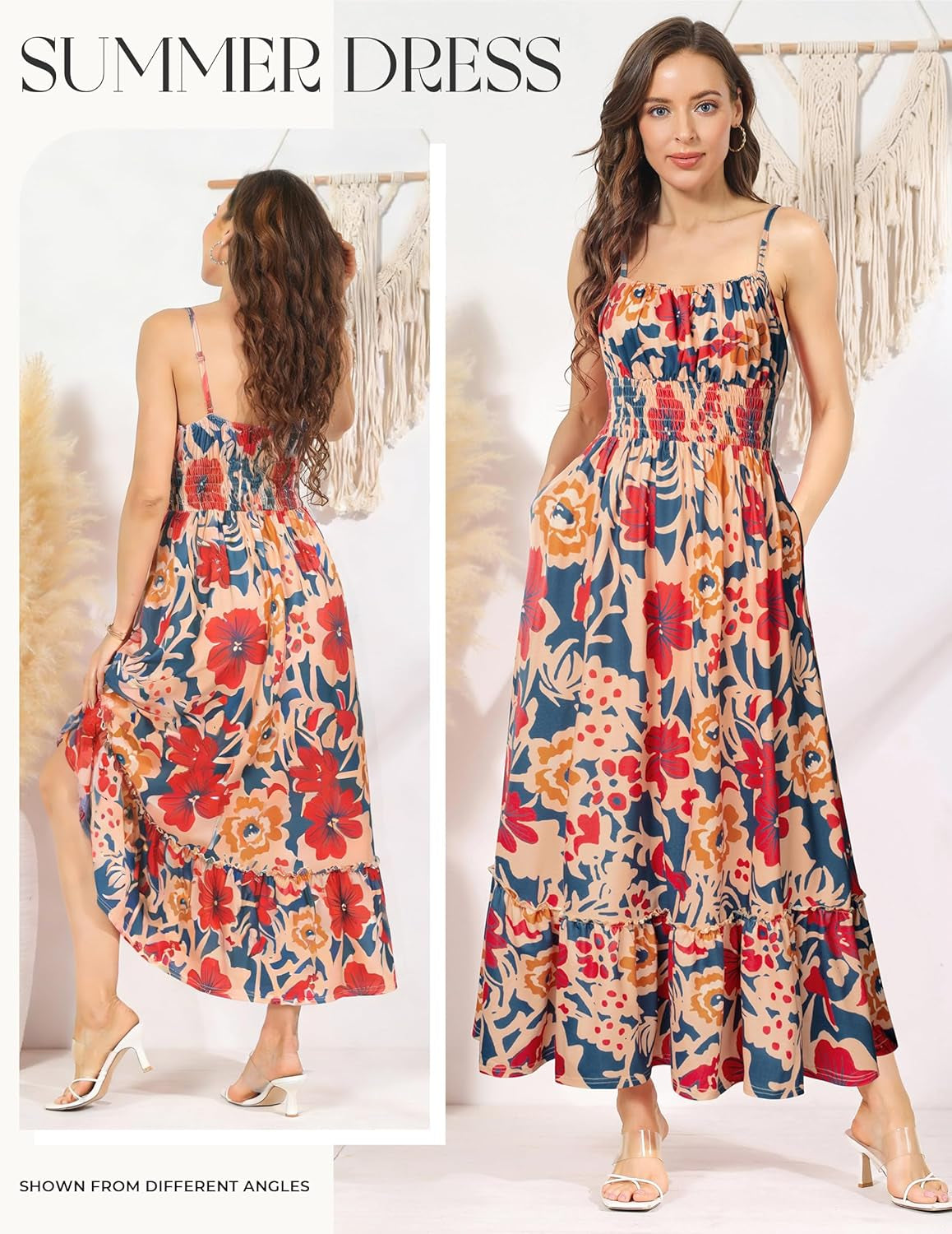 Summer Dresses for Women 2026 Vacation Boho Maxi Sundress | Casual, Smocked Waist, Floral Printed, Spaghetti Strap, Sleeveless, Beach Dresses with Pockets, Fashion Outfits