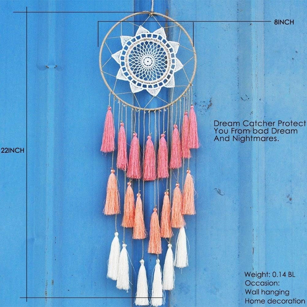 Macrame Dream Catcher Wall Hanging, Pink Large Boho Bedroom Decor | Handmade Tassel Feather Ornament, Natural Cotton, Modern Chic Living Room Nursery Art Decor, Blessing Gift for Women Girls