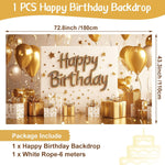Gold Happy Birthday Backdrop Banner White and Gold Background for Women Glitter Star and Balloon Photography Backdrop for Birthday Table Wall Decoration Party Supplies 72.8 X 43.3 Inch