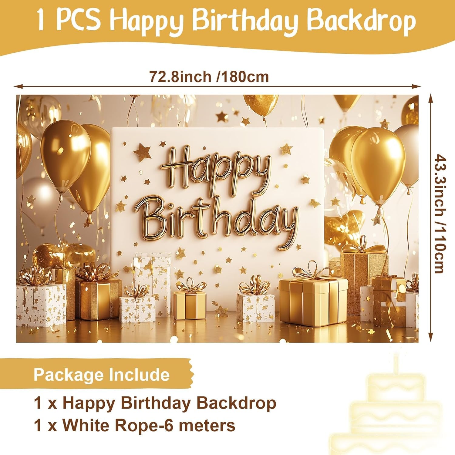 Gold Happy Birthday Backdrop Banner White and Gold Background for Women Glitter Star and Balloon Photography Backdrop for Birthday Table Wall Decoration Party Supplies 72.8 X 43.3 Inch