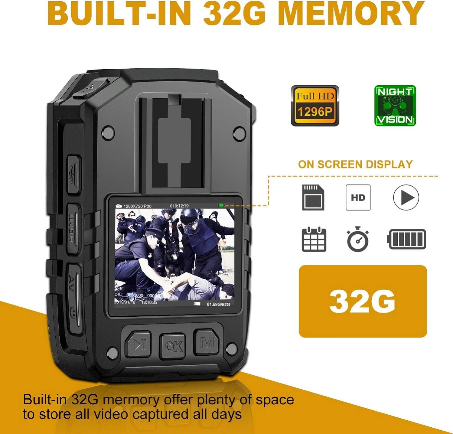 1296P HD Police Body Camera,32G Memory, I826 Premium Portable Body Camera,Waterproof Body-Worn Camera with 2 Inch Display,Night Vision,Gps for Law Enforcement Recorder,Security Guards,Personal