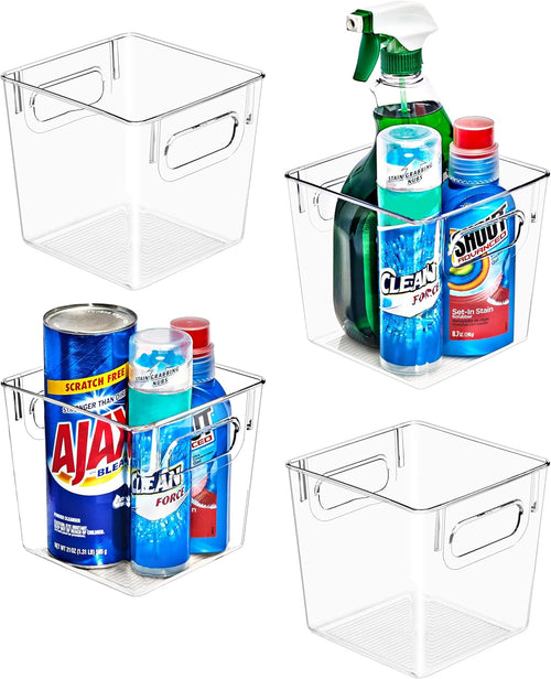 4 Pack Small Clear Plastic Storage Bins, Clear Organizer Bins with Handle for Kitchen, Pantry, Cabinet, Refrigerator, Craft, Toys, Clothes, Closet, under Sink, Bathroom Organizers and Storage