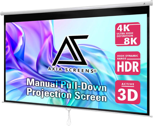 100 Inch Pull down Projector Screen, Manual Retractable 16:9, 8K / 4K HD & 3D Ready, Ceiling or Wall Mount, Auto Locking White Indoor Projection Screen for Home Theater, Office, AK-M100H1