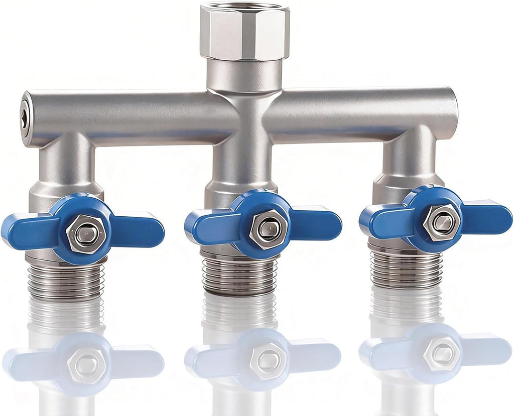 304 Stainless Steel Garden Hose Splitter 3 Way Heavy Duty, Full Flow T Valve Water Hose Splitter with 2.1" Extra Long Handle, Lead-Free，3/4" GHT Thread Connector for Outdoor Spigot Faucet