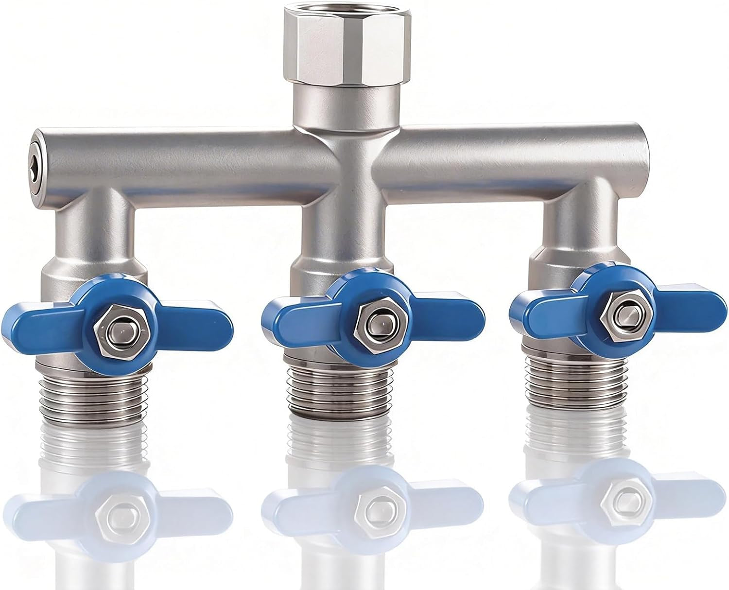 304 Stainless Steel Garden Hose Splitter 3 Way Heavy Duty, Full Flow T Valve Water Hose Splitter with 2.1" Extra Long Handle, Lead-Free，3/4" GHT Thread Connector for Outdoor Spigot Faucet