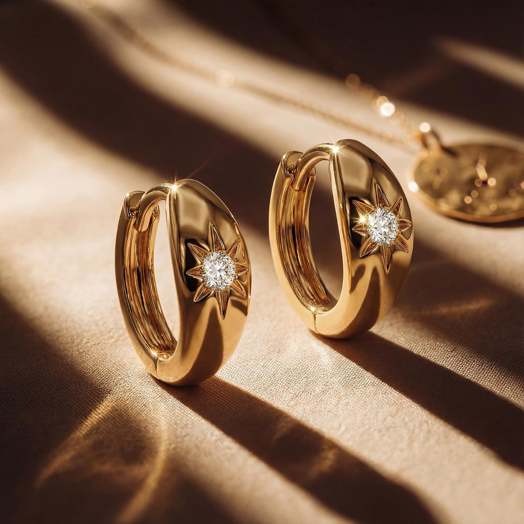 Chunky Huggie Hoop Earrings for Women Starburst Beaded Styles | 18K Gold Plated Brass, Triple or Single Cubic Zirconia Star Details, Graduated Rounded Profile, Front Stone Row