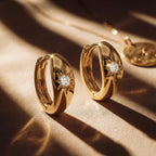 Chunky Huggie Hoop Earrings for Women Starburst Beaded Styles | 18K Gold Plated Brass, Triple or Single Cubic Zirconia Star Details, Graduated Rounded Profile, Front Stone Row