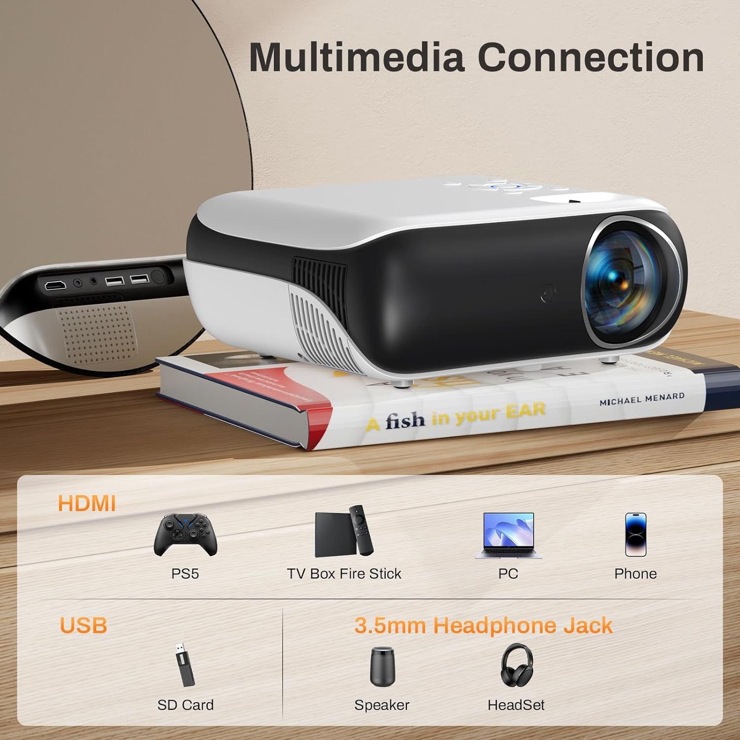Projector, Native 1080P Bluetooth Projector with 100" Screen, Portable Outdoor Movie Projector, Mini Projector for Home Bedroom, Compatible with Smartphone,Hdmi,Usb,Av,Fire Stick,Ps5