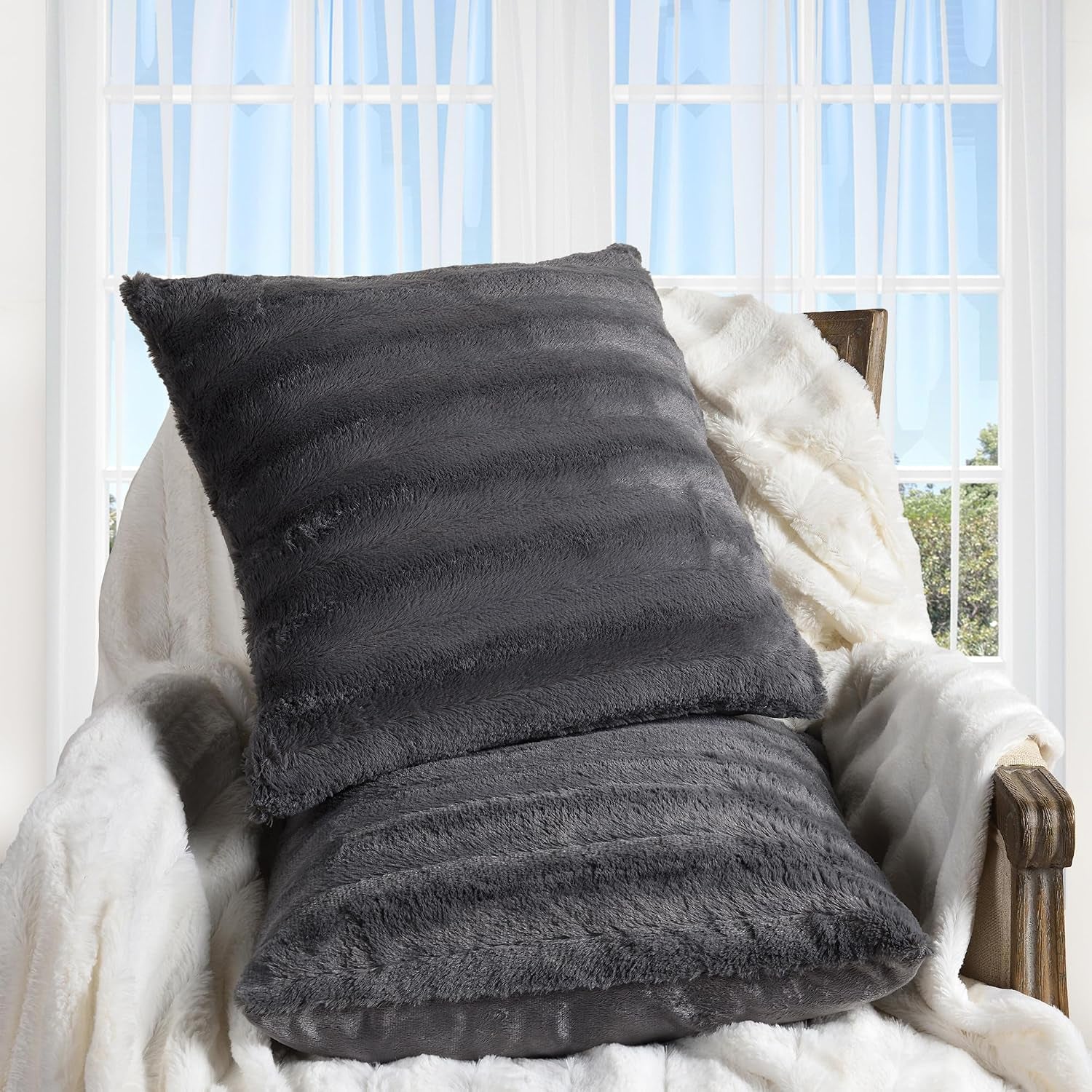Faux Fur Throw Pillows - Decorative Pillows for Couch, Bed Throw Pillows, Grey Accent Pillows for Bedroom or Living Room Aesthetic, Set of 2 Furry Throw Pillows, 18”X18”