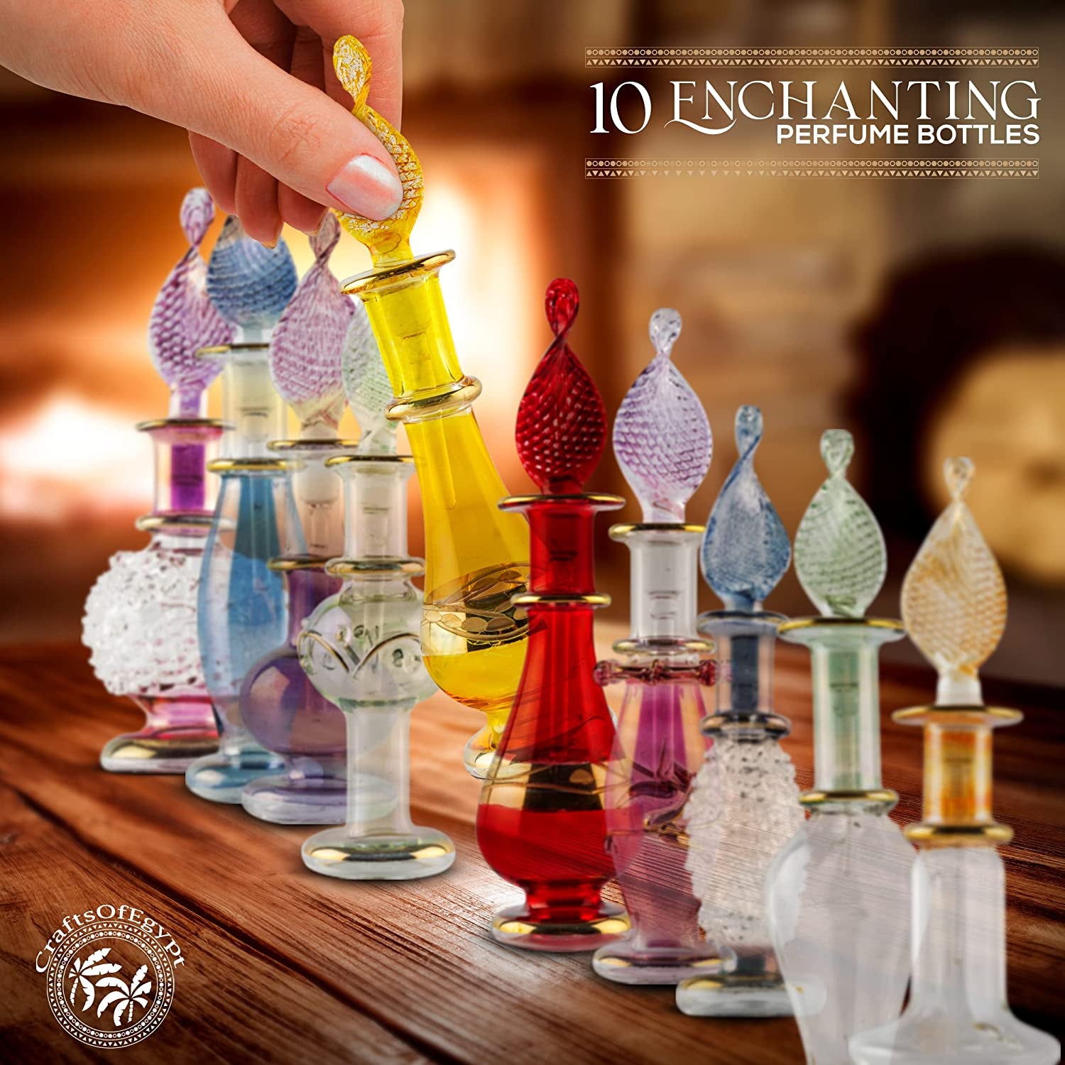 Genie Blown Glass Miniature Perfume Bottles for Perfumes & Essential Oils, Set of 10 Decorative Vials, Each 2" High (5Cm), Assorted Colors (Set of 10)