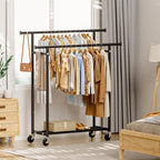Clothes Rack, Double Rods Rolling Clothing Rack for Hanging Clothes, Portable Garment Rack with Wheels, Coat Rack Wardrobe Closet Load 240 LBS for Bedroom Laundry Room (Black, L)