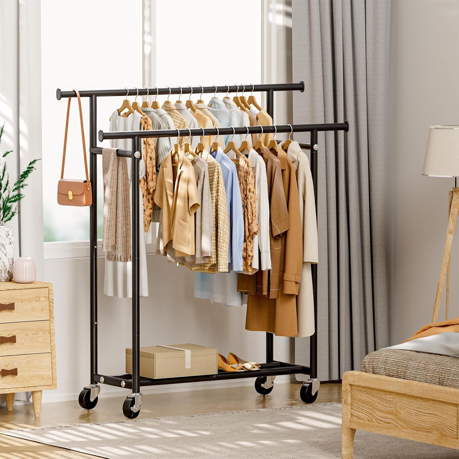 Clothes Rack, Double Rods Rolling Clothing Rack for Hanging Clothes, Portable Garment Rack with Wheels, Coat Rack Wardrobe Closet Load 240 LBS for Bedroom Laundry Room (Black, L)