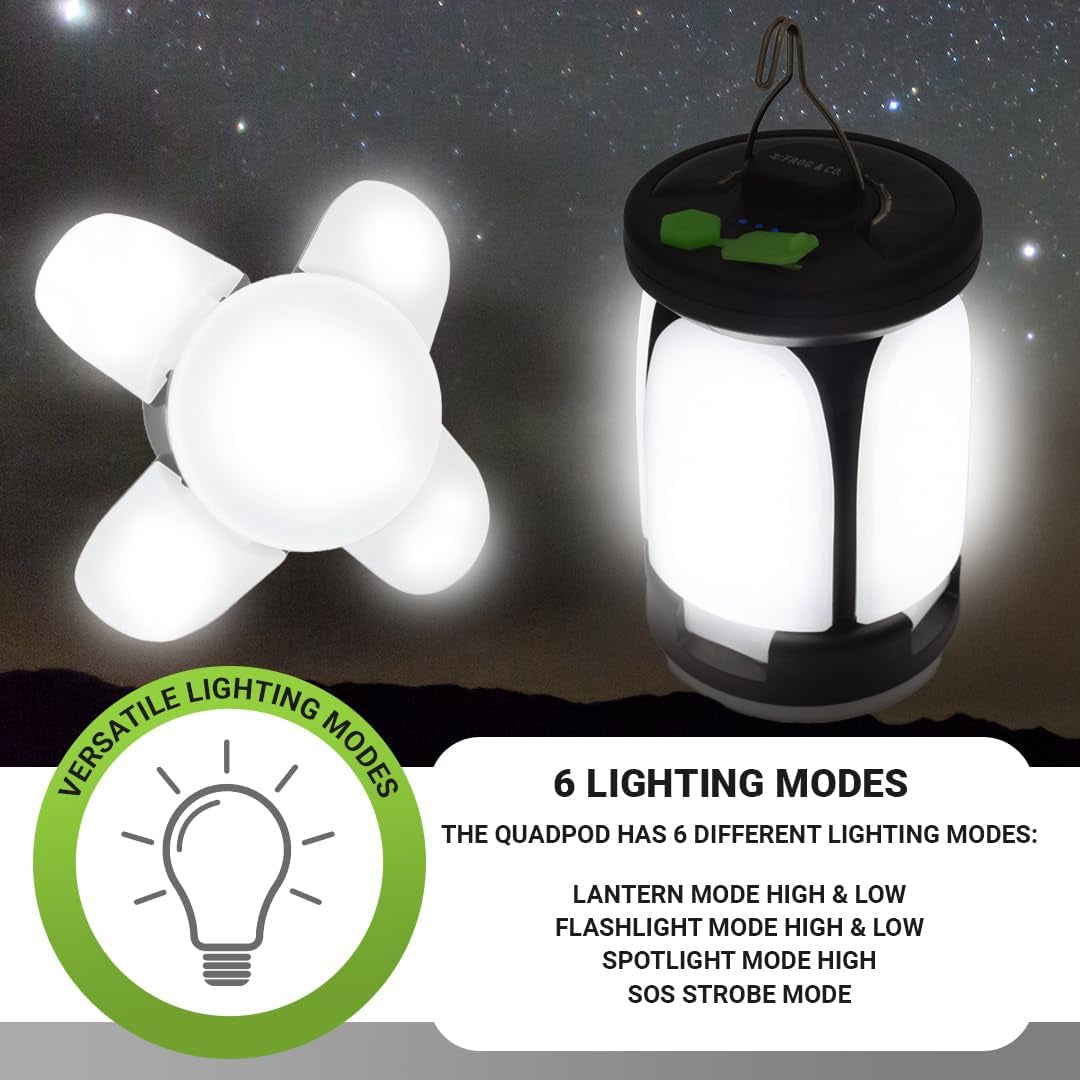 Quadpod Solar Camping Lantern for Camping - Portable Rechargeable LED Lamp Backup Power Bank Perfect for Hiking, Travel and More - Emergency Light for Power Outages, Hurricane, Survival Kits