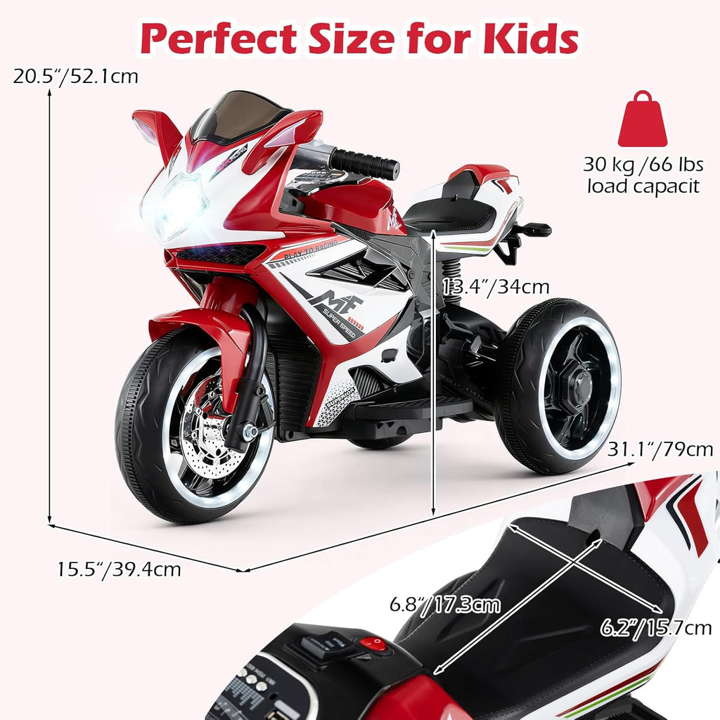 6V Kids Motorcycle with Forward & Reverse Switch, Headlight, Wheel Lights, Horn, Music, USB Port, 3-Wheel Ride on Toy for Toddler Aged 3+ (Red)