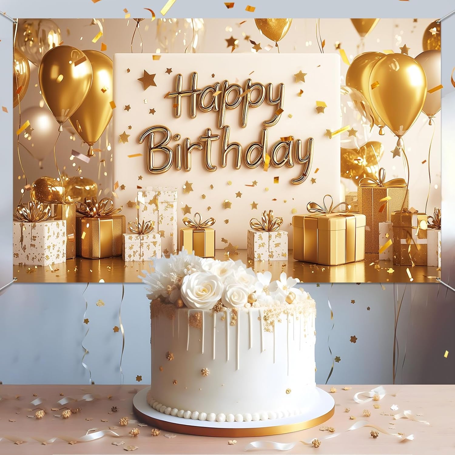 Gold Happy Birthday Backdrop Banner White and Gold Background for Women Glitter Star and Balloon Photography Backdrop for Birthday Table Wall Decoration Party Supplies 72.8 X 43.3 Inch