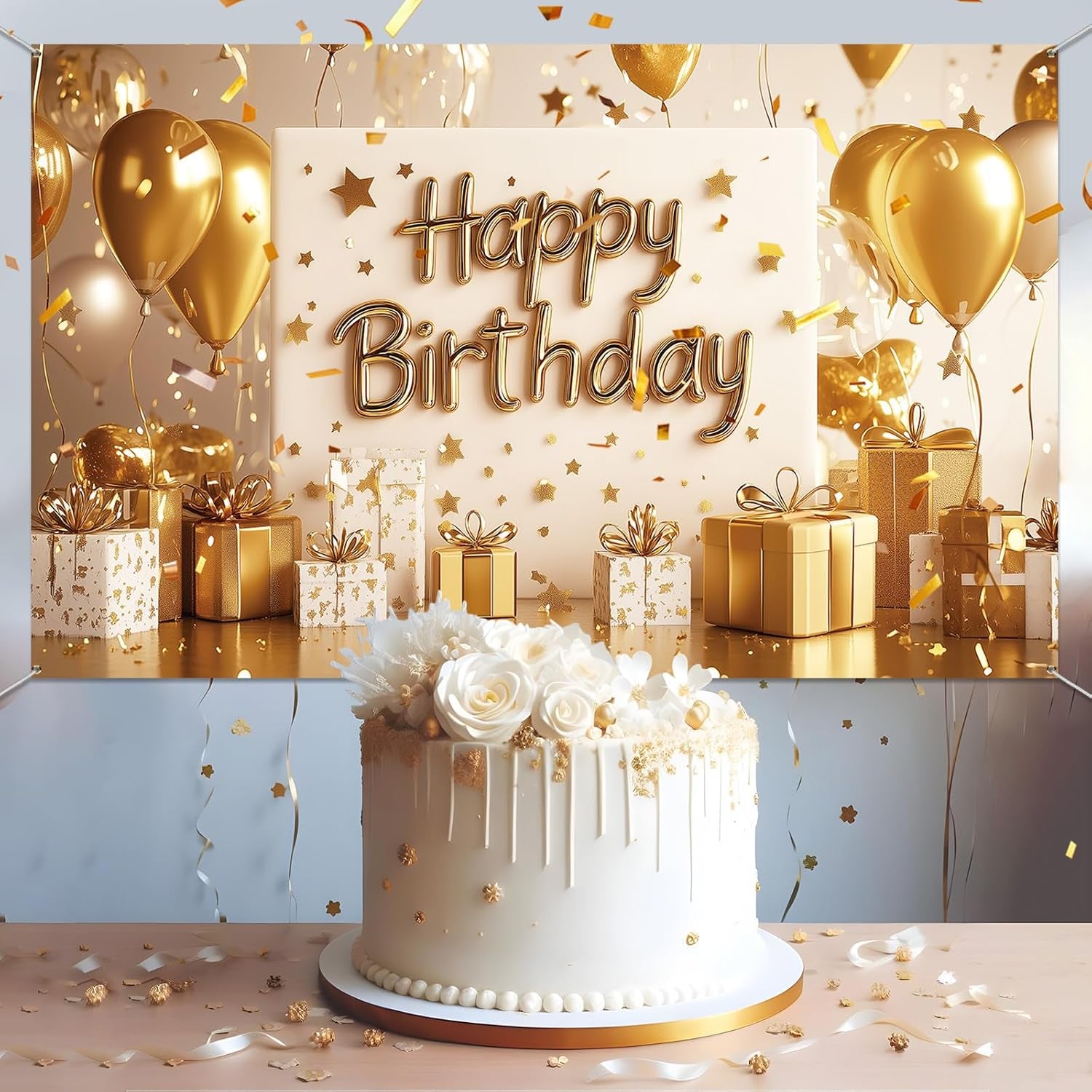 Gold Happy Birthday Backdrop Banner White and Gold Background for Women Glitter Star and Balloon Photography Backdrop for Birthday Table Wall Decoration Party Supplies 72.8 X 43.3 Inch