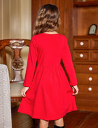 Girl'S Button Dresses down Long Sleeve Sundress A-Line Dress With