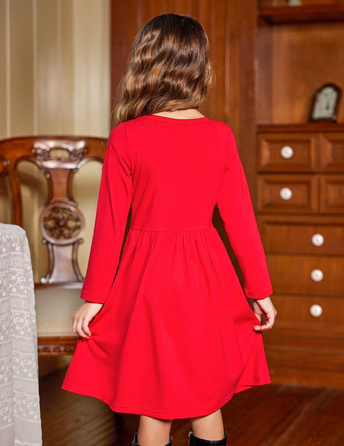 Girl'S Button Dresses down Long Sleeve Sundress A-Line Dress With