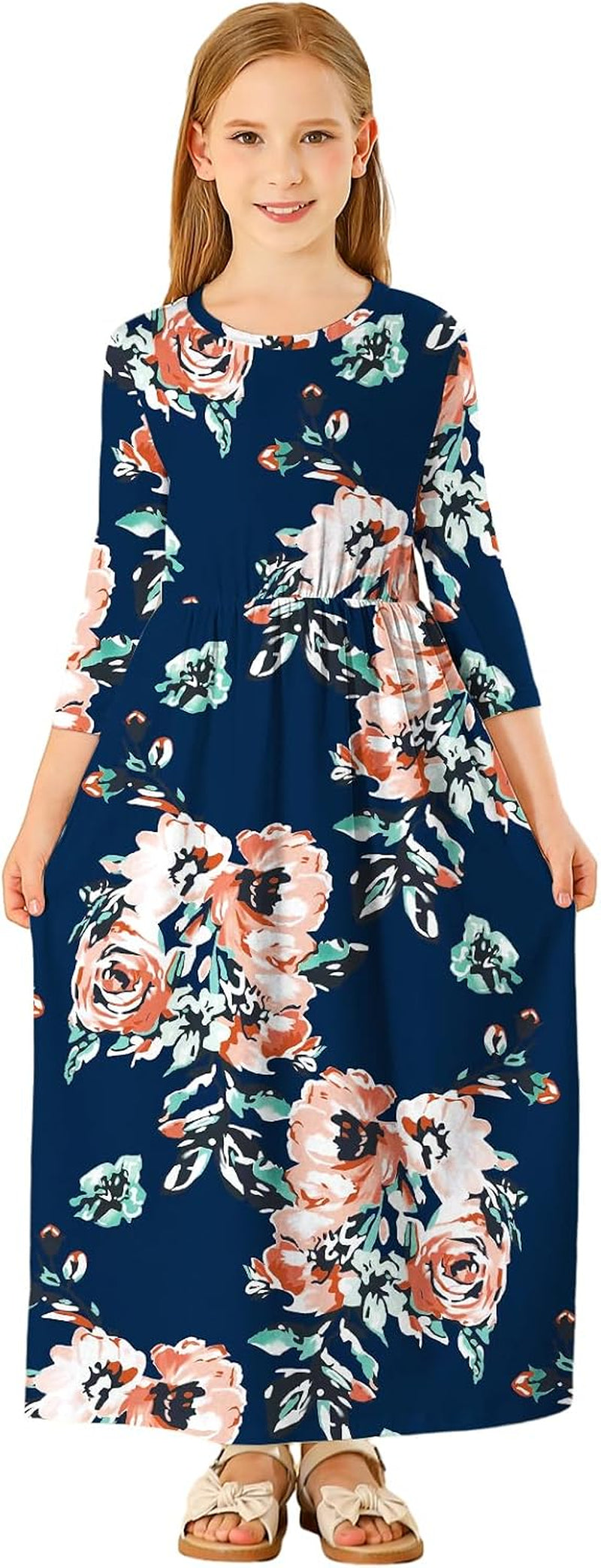 Girls Maxi Dress Floral 3/4 Long Sleeve Dresses with Pockets for Girls 6-12 Years