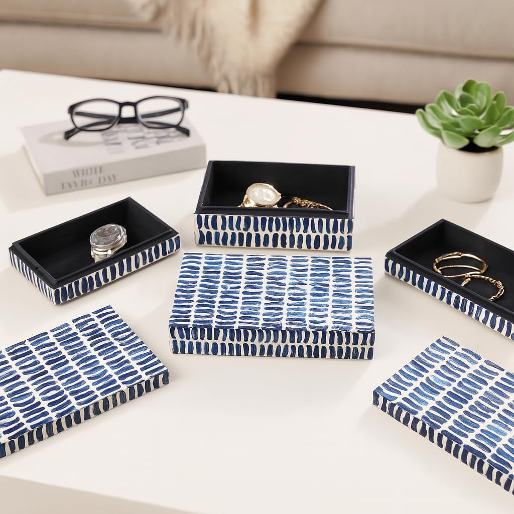 Set of 3 10/11/12" Boxes with Inlay Pieces, Blue/White