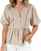Women Lantern Sleeve Button up Stripes Babydoll Tops | Summer V Neck Lace Trim Peplum Shirts,Fall Fashion Striped Loose Tunic Top,Spring Business Casual Beach Vacation Clothes