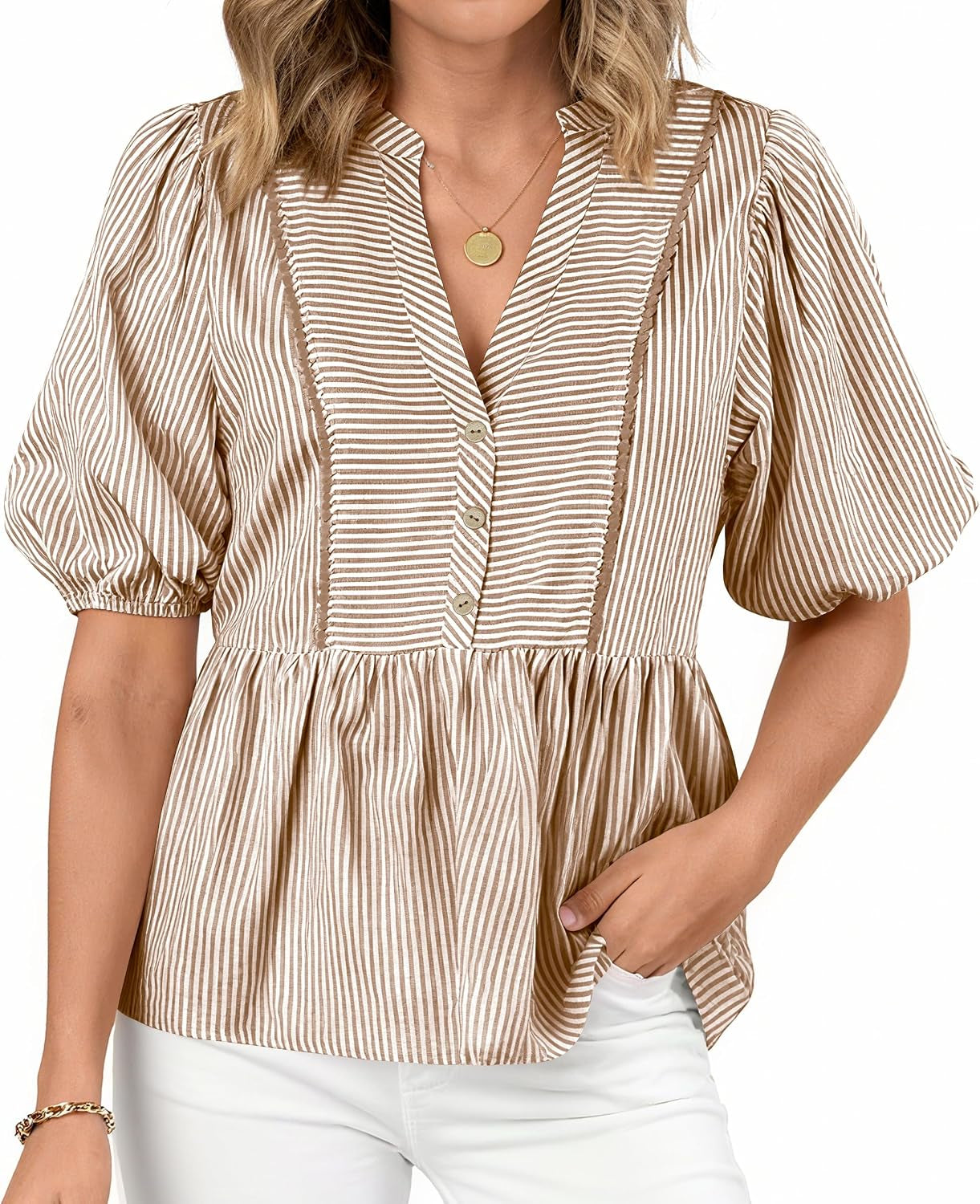 Women Lantern Sleeve Button up Stripes Babydoll Tops | Summer V Neck Lace Trim Peplum Shirts,Fall Fashion Striped Loose Tunic Top,Spring Business Casual Beach Vacation Clothes