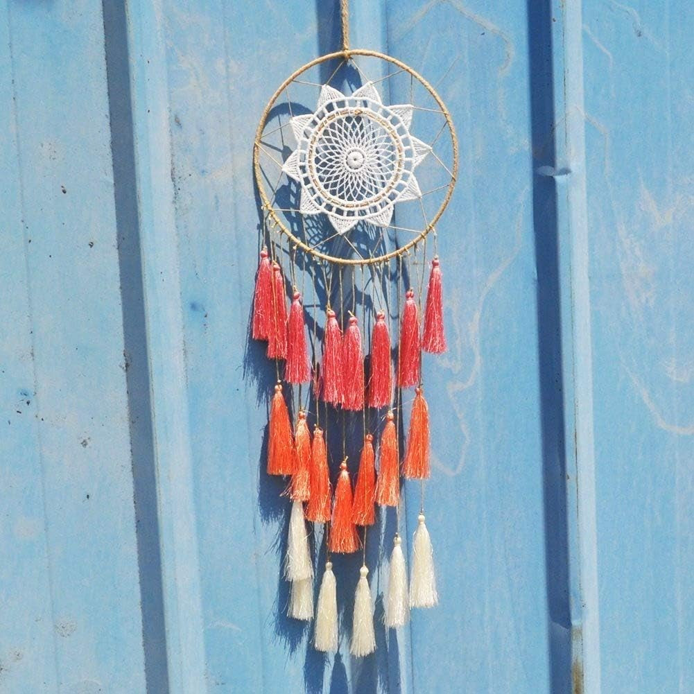 Macrame Dream Catcher Wall Hanging, Pink Large Boho Bedroom Decor | Handmade Tassel Feather Ornament, Natural Cotton, Modern Chic Living Room Nursery Art Decor, Blessing Gift for Women Girls