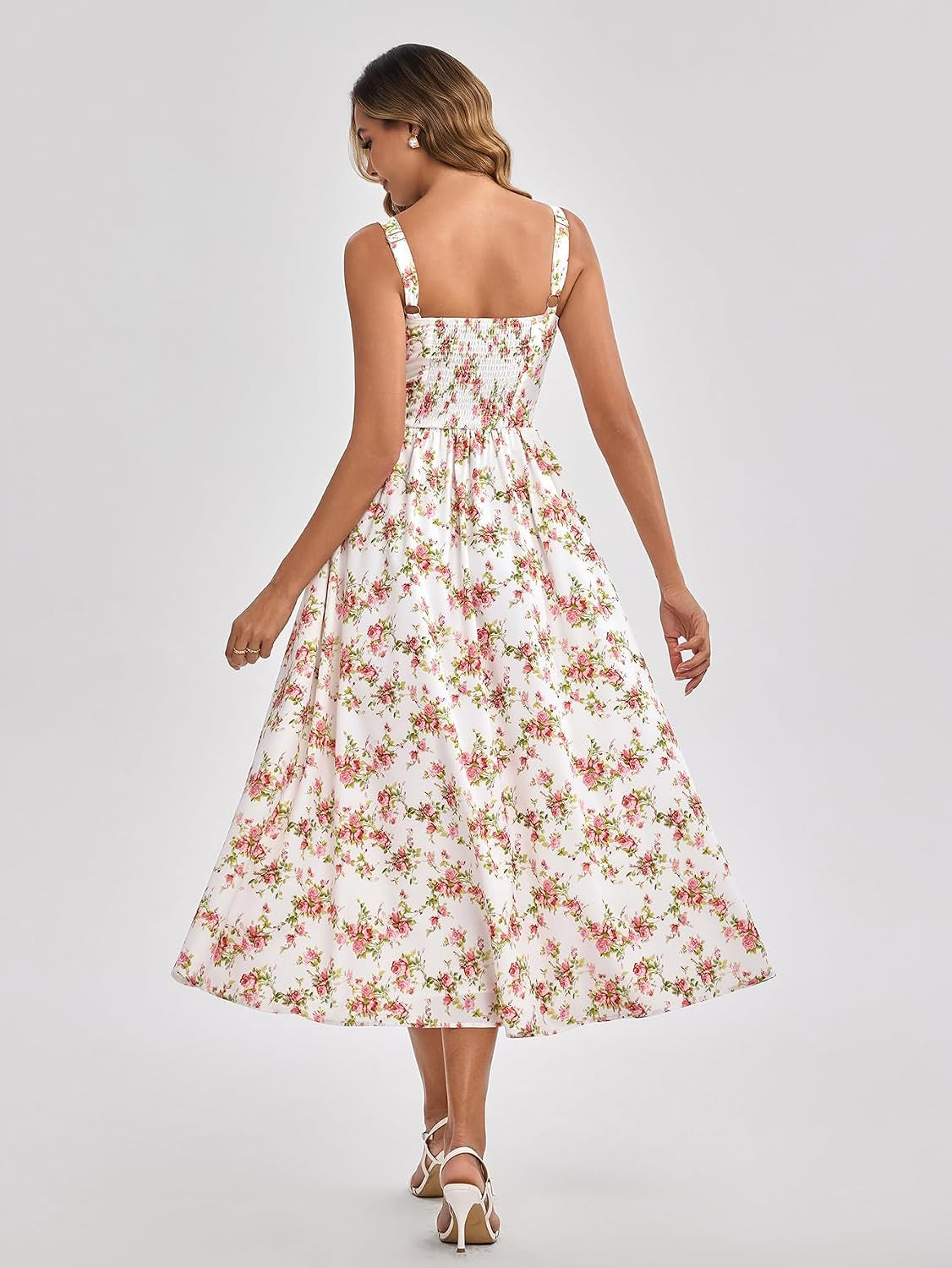 Summer Floral Corset Midi Wedding Guest Dresses for Women | Slit Flowy Sundress with Pockets, Idea for Garden Tea Party Engagement Bridal Shower Fancy Cottagecore Milkmaid