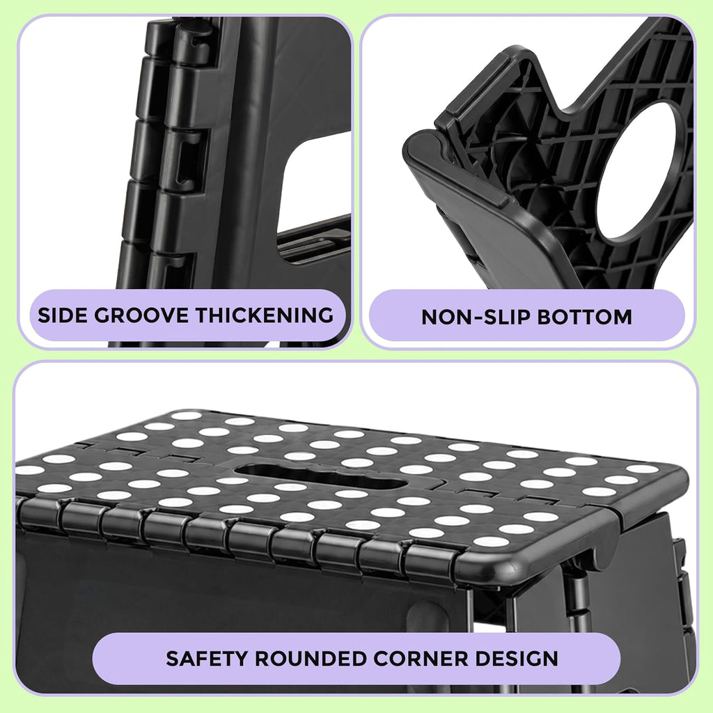 Folding Step Stool 13 Inch,300Lbs Foldable Stool for Adults & Kids | Stepping Stool Black,Non-Slip Plastic Compact Foot Stool with Carry Handle,Lightweight for Bathroom Kitchen Bedroom Garden