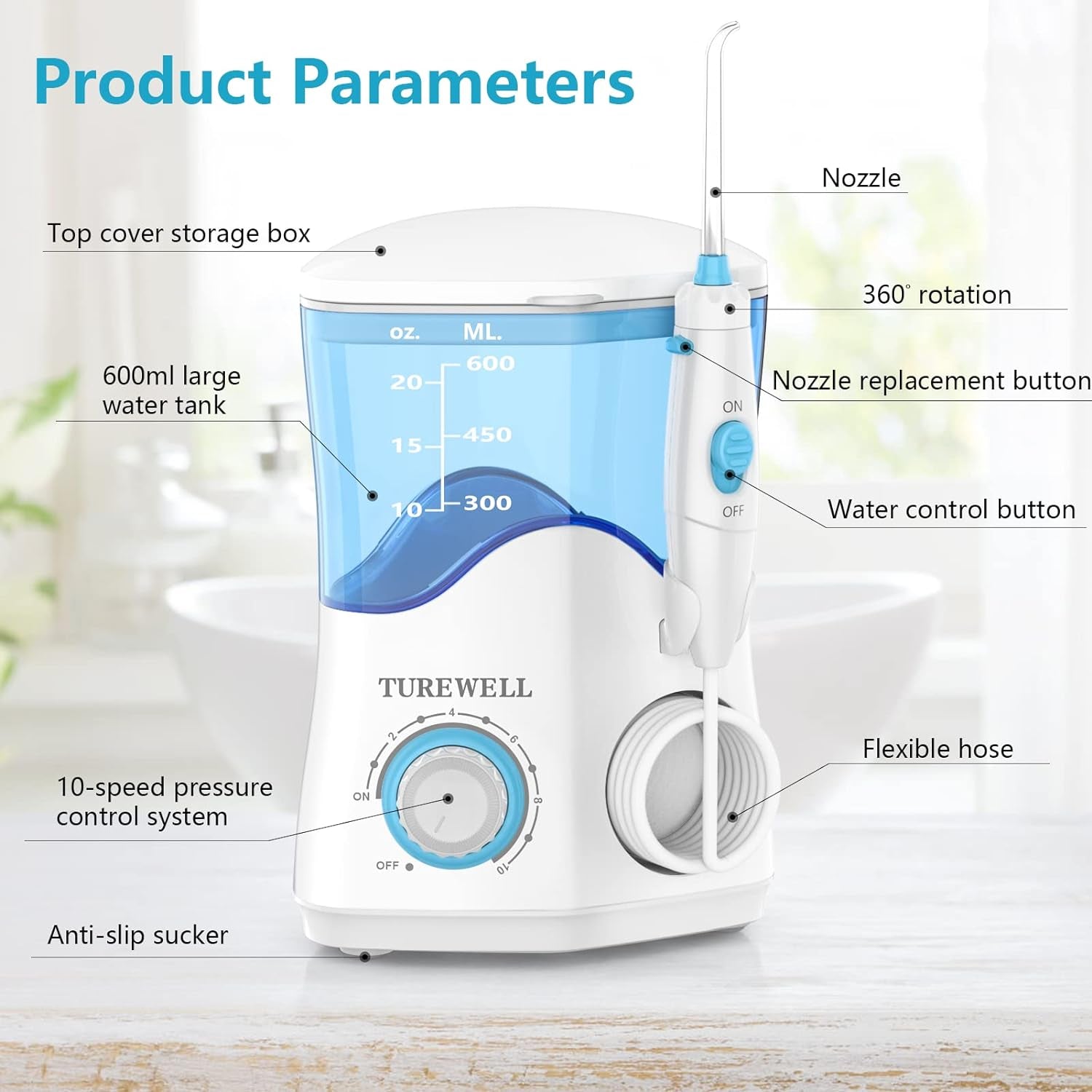Water Dental Flosser for Teeth/Braces, Water Teeth Cleaner 8 Jet Tips and 10 Pressure Levels, 600ML Large Water Tank Oral Irrigator for Family(White)