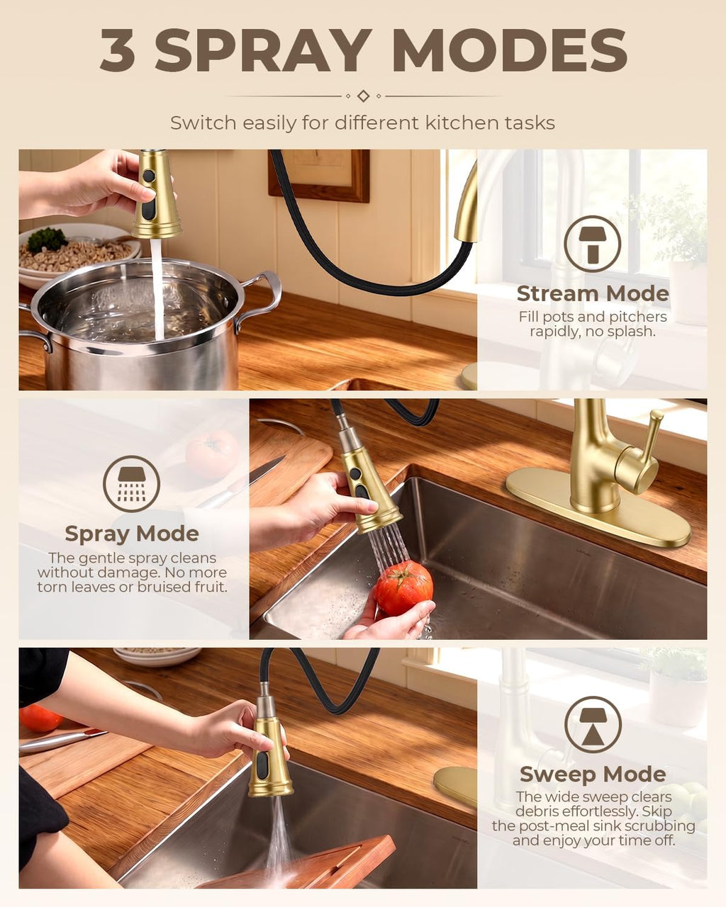 Vintage Kitchen Faucet, Pull-Down Sprayer, Brushed Gold, High Arc | 3 Modes Sprayer, 360 Swivel, Deck Plate, SUS304, Fits 1- or 3-Hole Sinks, 20-Inch Hose, Ceramic Cartridge, Lead-Free