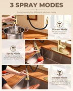 Vintage Kitchen Faucet, Pull-Down Sprayer, Brushed Gold, High Arc | 3 Modes Sprayer, 360 Swivel, Deck Plate, SUS304, Fits 1- or 3-Hole Sinks, 20-Inch Hose, Ceramic Cartridge, Lead-Free