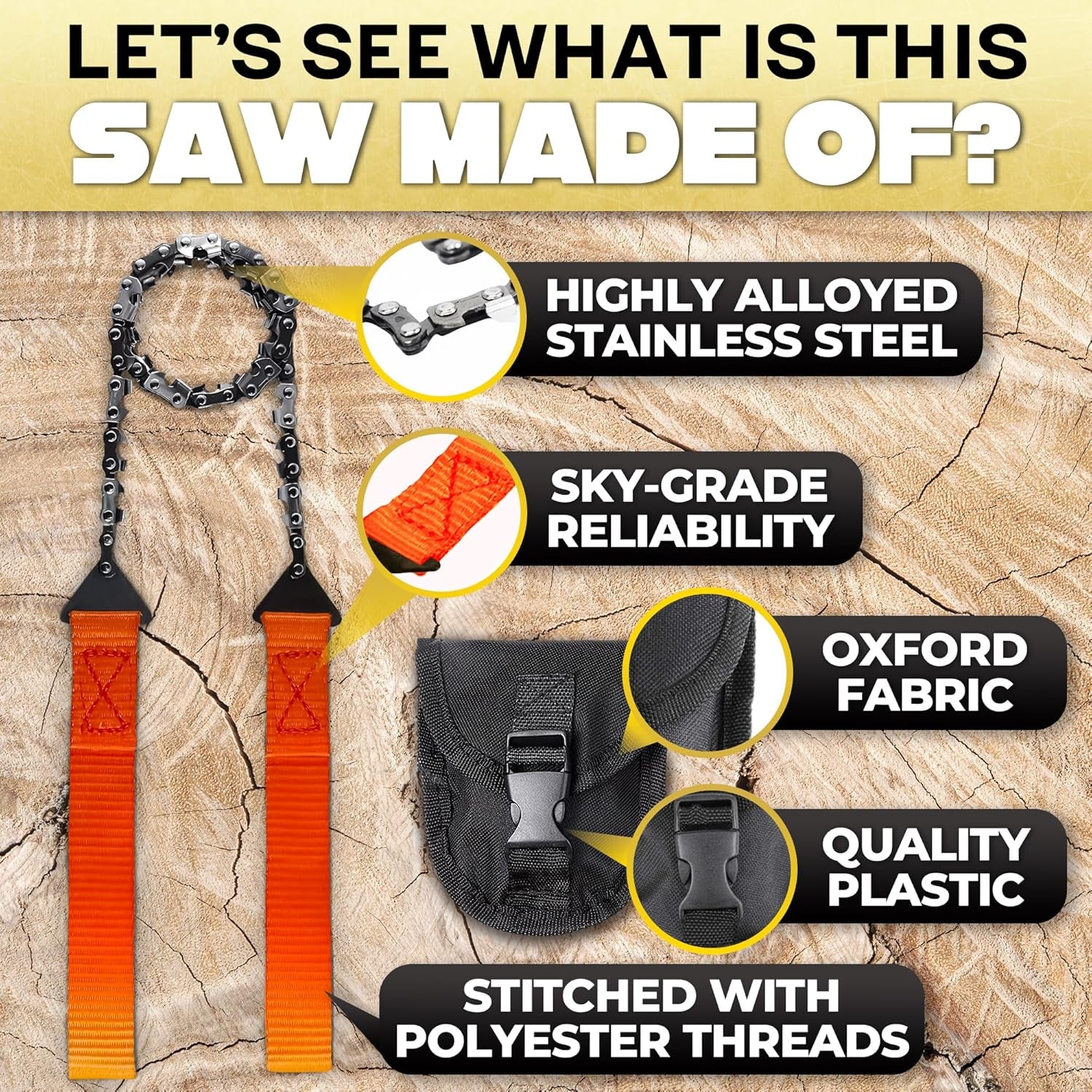 High Limb Rope Saw for Trees, 25.5" Cable Saw with 11 Teeth | Stainless Steel Pocket Chainsaw for Camping, Hiking & Survival Gear, Cuts Branches up to 5 In, Folding Storage Bag Included